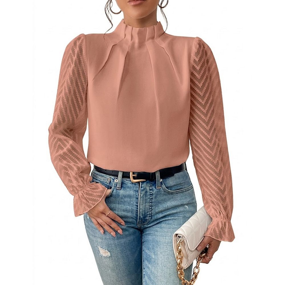 Women's Mock Neck Pleated Chiffon Blouse Sheer Chevron Long Sleeve ...
