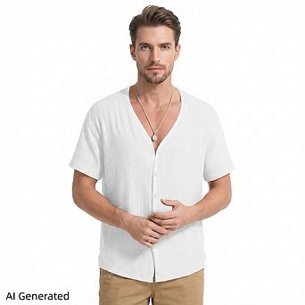 Men's V-Neck Short Sleeve Lightweight Hawaiian Shirt, Casual Summer Beach Vacation Top
