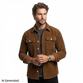 Men's Long Sleeve Corduroy Button Down Shacket, Casual Fall Outfit With Flap Pockets