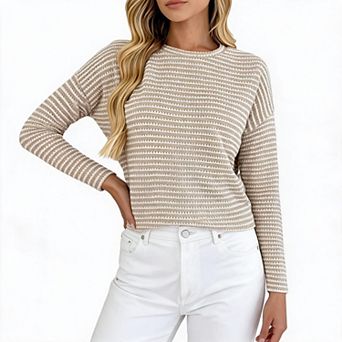 Striped Tops for Women Knit Pullover Crew Neck Long Sleeve Shirts Casual Daily Blouse