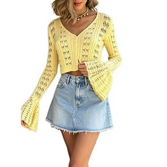 Women Crochet Button Front Cardigan Bell Sleeve Cropped Top