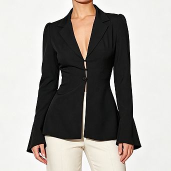 Women Fitted Blazer Jacket Notched Lapel Puff Shoulder Long Sleeve Split Cuff Hook Front Slim Blazer