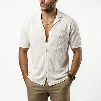 Men’s Lapel Short Sleeve Knit Shirt Button Down Casual Lightweight Knit Top