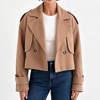 Women Cropped Trench Coat Lapel Collar Double Breasted Long Sleeve Oversized Look Outer Jacket