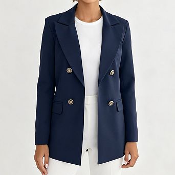 Women Double Breasted Blazer Jacket Notched Lapel Long Sleeve Gold Button Tailored Blazer Pockets