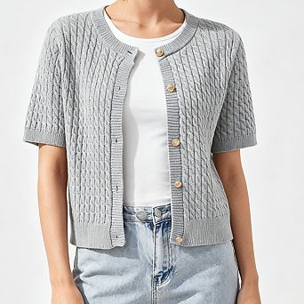 Women Short Sleeve Cable Knit Cardigan Round Neck Button Front Cropped Knit Open Front Sweater