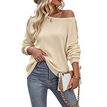 Women's Round Neck Decorative Shoulder Button Top Long Sleeve Loose Casual Pullover Top