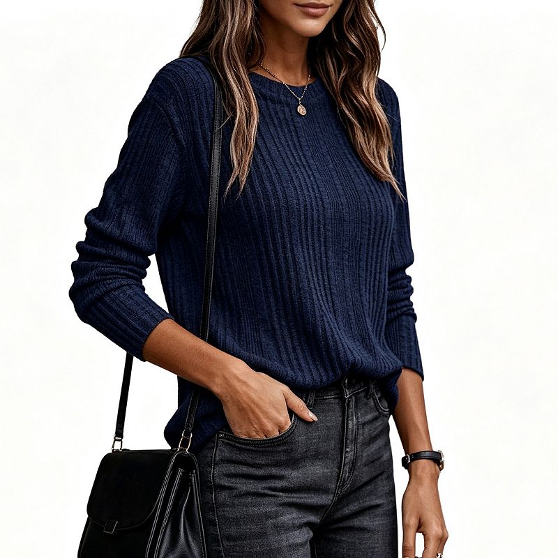 Women's Solid Ribbed Long Sleeve Top Crew Neck Brushed Knit Loose ...