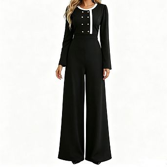 Women Long Sleeve Jumpsuit Contrast Trim Button Decor Wide Leg One Piece Outfit