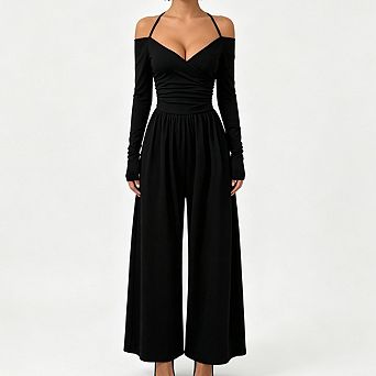 Women Off Shoulder Long Sleeve Jumpsuit Halter Strap Wrap Ruched Waist Wide Leg One Piece Outfit