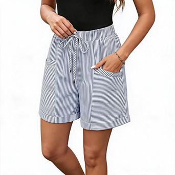 Women's Striped Casual Shorts Elastic Drawstring Waist Patch Pockets Loose Shorts