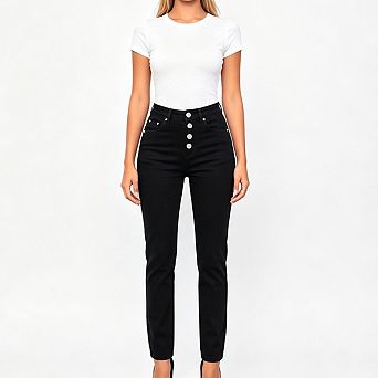 Women High Waist Skinny Jeans Button Fly Rolled Cuff Denim Pants with Pockets