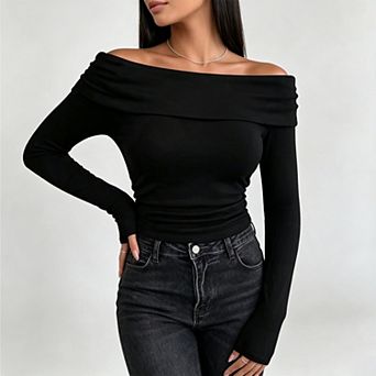 Women's Off‑Shoulder Long Sleeve Fitted Tops, Trendy Going‑Out Night Out Shirts