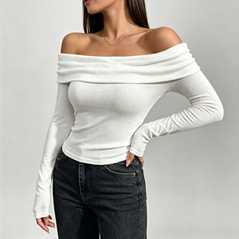 Women's Off‑Shoulder Long Sleeve Fitted Tops, Trendy Going‑Out Night Out Shirts
