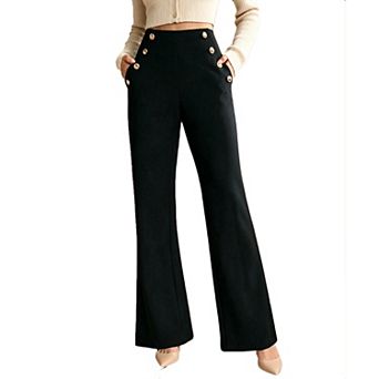 Women High Waist Wide Dress Pants Decorative Gold Buttons Side Zipper