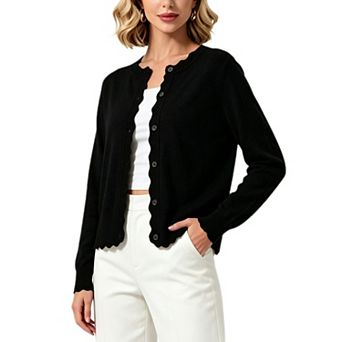 Women's Elegant Long Sleeve Knit Cardigan Causal Dressy Round Neck Scalloped Button Down Sweater