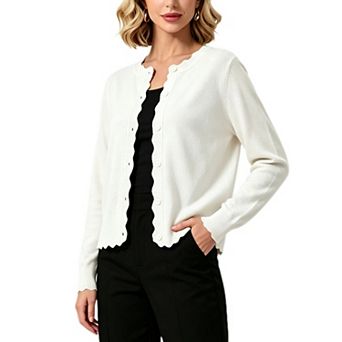 Women's Elegant Long Sleeve Knit Cardigan Causal Dressy Round Neck Scalloped Button Down Sweater