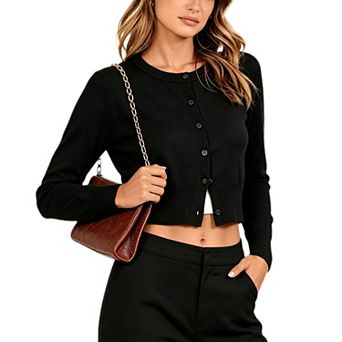 Women's Crew Neck Button Down Cropped Cardigan Causal Dressy Long Sleeve Knit Sweater