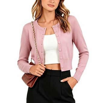 Women's Crew Neck Button Down Cropped Cardigan Causal Dressy Long Sleeve Knit Sweater