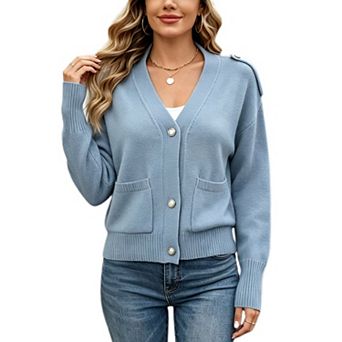 Women's V Neck Knit Office Cardigan Elegant Causal Button Front Long Sleeve Sweater With Pockets