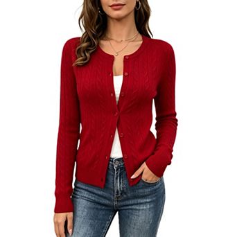 Women's Crew Neck Cable Knit Sweater Causal Dressy Button Front Long Sleeve Cardigan