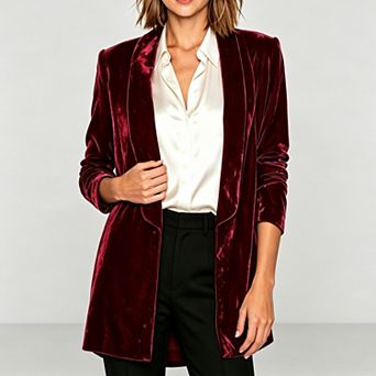 Women Open Front Velvet Blazer Jacket Shawl Collar Long Sleeve Mid Length Business Casual Outerwear