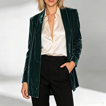 Women Open Front Velvet Blazer Jacket Shawl Collar Long Sleeve Mid Length Business Casual Outerwear