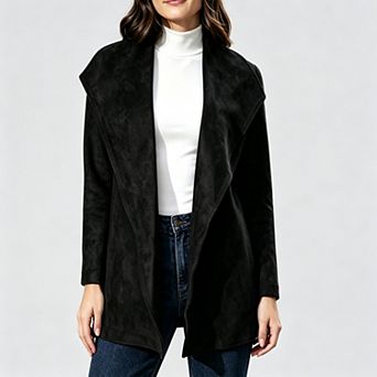 Women Faux Suede Coat, Waterfall Collar Belted Waist Long Sleeve Open Front Casual Outerwear