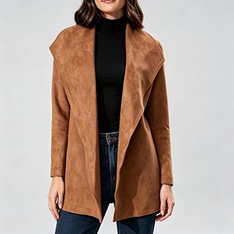 Women Faux Suede Coat, Waterfall Collar Belted Waist Long Sleeve Open Front Casual Outerwear