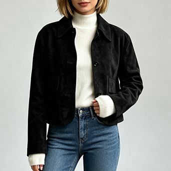 Women Suede Cropped Jacket, Lapel Button Down Long Sleeve Casual Vintage Outerwear