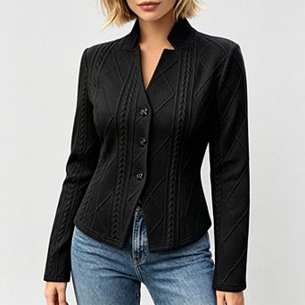 Women Stand Collar Button Down Jacket, Textured Knit Long Sleeve Fitted Casual Business Outerwear