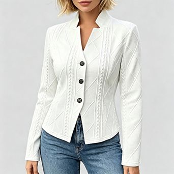 Women Stand Collar Button Down Jacket, Textured Knit Long Sleeve Fitted Casual Business Outerwear