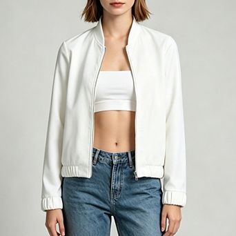 Women Stand Collar Zip-Up Bomber Jacket, Long Sleeve Ruffle Hem Cuffs Lightweight Casual Outerwear