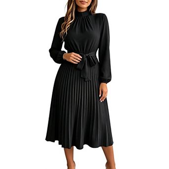 Women's Mock Neck Long Sleeve Pleated Chiffon High Waist Belted Flowy a Line Cocktail Party Dress