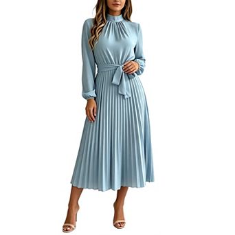 Women's Mock Neck Long Sleeve Pleated Chiffon High Waist Belted Flowy a Line Cocktail Party Dress
