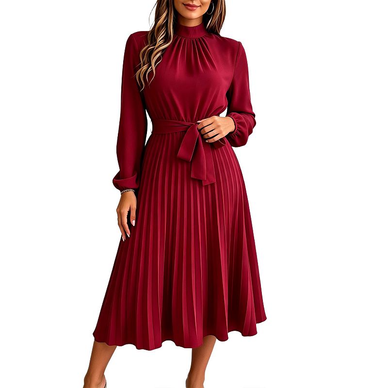 Women's Mock Neck Long Sleeve Pleated Chiffon High Waist Belted Flowy a Line Cocktail Party Dress