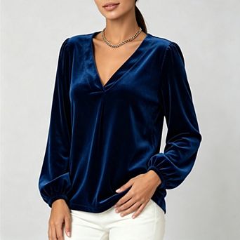 Women's Velvet V Neck Puff Sleeve Fall Winter Trendy Dressy Casual Party Holiday Blouse