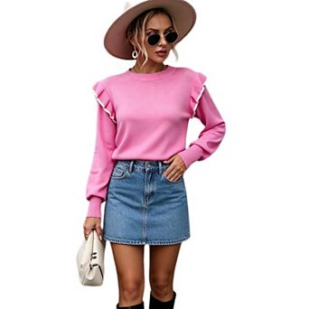 Women Ruffle Long Sleeve Sweater Ribbed Knit Crew Neck Top