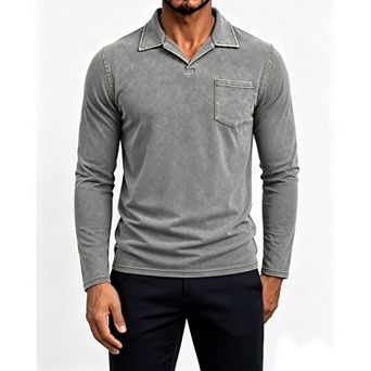 Men Long Sleeve Vintage Washed Polo Shirt Turn Down Collared Faded Top Pocket Casual Daily Wear