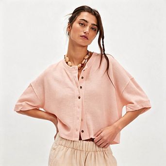 Women's Henley Button Front Crop Top, 3/4 Sleeve Oversized Loose Fit Casual Knit Tee