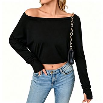 Women's Off the Shoulder Long Sleeve Tops Solid Asymmetrical Casual Lightweight Going Out Clothes