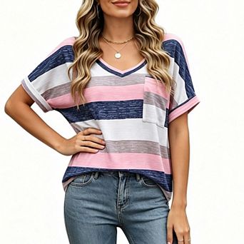 Womens Summer Short Sleeve Casual Shirts v Neck Color Block Striped Top Blouses