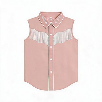 Girls' Embroidered Sleeveless Top with Back Tassel Detail