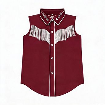 Girls' Embroidered Sleeveless Top with Back Tassel Detail