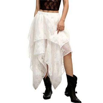 Womens Lace Elastic Asymmetrical Layered Hem See-Through Flowy Floral Beach Maxi Skirts