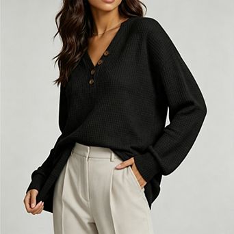 Women Waffle Knit Long Sleeve v Neck Tops Dressy Casual Button Basic Tee