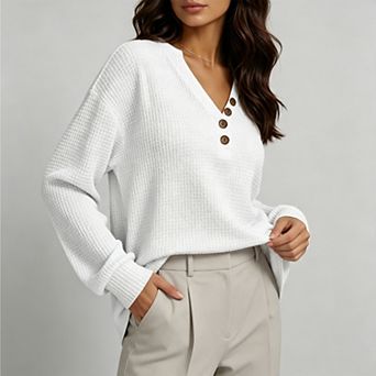 Women Waffle Knit Long Sleeve v Neck Tops Dressy Casual Button Basic Tee