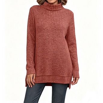 Women Turtleneck Long Sleeve Ribbed Knit Tunic Top Slit Loose Fit Casual Fall Winter High Neck Shirt