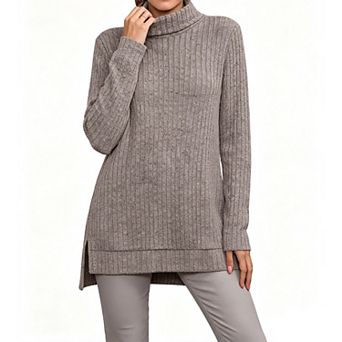 Women Turtleneck Long Sleeve Ribbed Knit Tunic Top Slit Loose Fit Casual Fall Winter High Neck Shirt