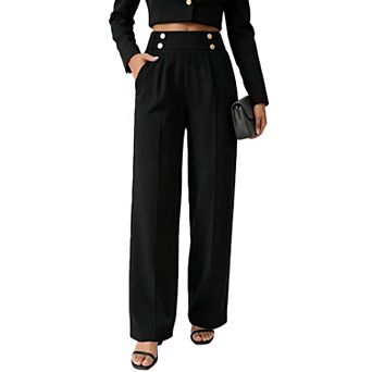 Women High Waist Wide Leg Dress Pants Decorative Buttons Elastic Back Waist